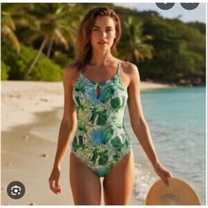 Tahari One piece Swimsuit Bathing Suit Keyhole LARGE Tropical Green Leaf Palm 🌴